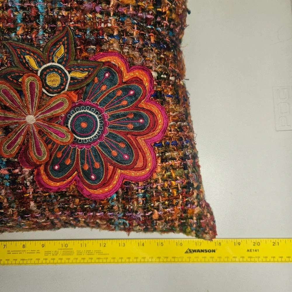 Pier 1 Imports Boho Floral Embroidered Tweed Throw Pillow Magenta Purple 17x12